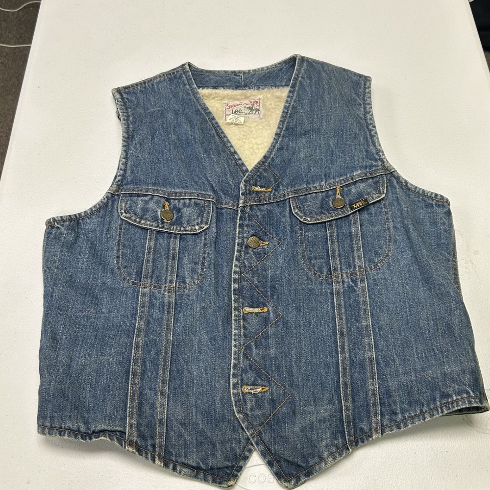Lee Storm Rider Denim Vest Mens M Blue Sherpa Lined Western Vintage 70s 80s